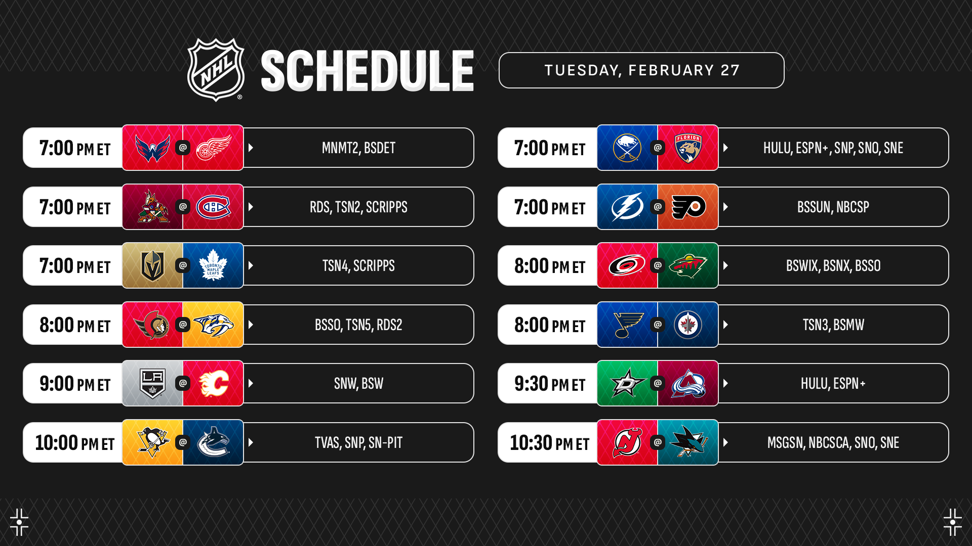 NHL PREVIEW – Douze matchs au programme cette nuit